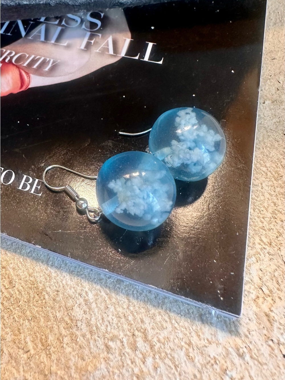 Blue cloud Globe Dangle Earrings with White cloud Detail